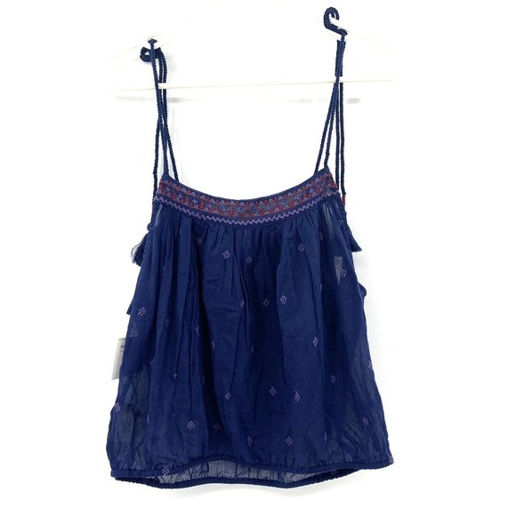 New FREE PEOPLE $78 Navy Blue Eternal Love Embroidered Tassel Tank Size Medium - Picture 3 of 8